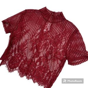 Size Medium Sheer Short Sleeve Lace Maroon|Red Shirt